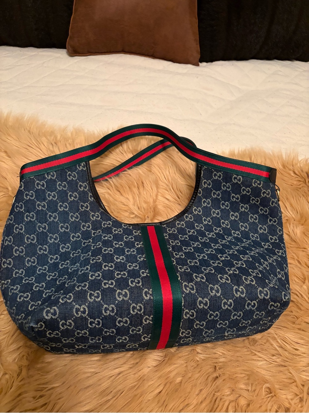Blue Denim Canvas Shoulder Bag with Red-Green Stripe - Picture 2 of 4